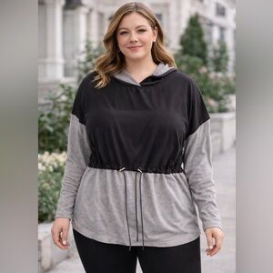 MTA Sport Gray Black Hooded Pullover Top 3X Plus Size Drawstring Waist